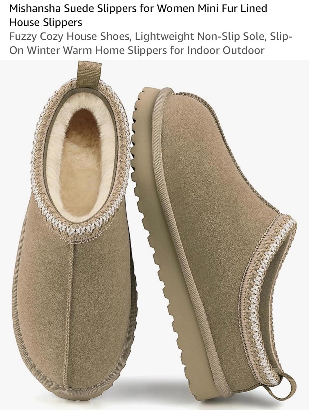 Mishansha Women's Mini Fur-Lined Suede Slippers in Taupe